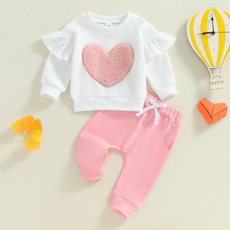 Toddler Newborn Baby Girl Valentine\'s Day Waffle Clothes Set Long Sleeve Ruffle Heart Sweatshirt Jogger Pants Set 2Pcs Outfit