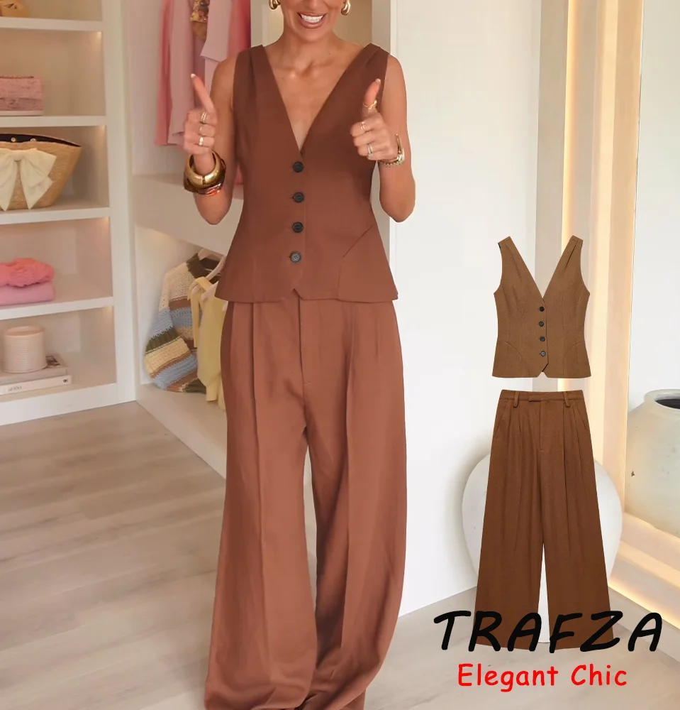 

TRAFZA Vintage Chic Vest Set Women's Buttons V-Neck Vest Or Long Pant 2025 Spring Summer Fashion Casual Commute Lady Pant Set