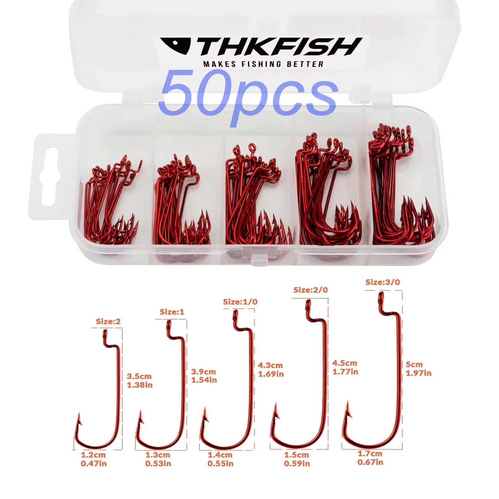 THKFISH 50pcs Fishing Hooks Kit Carbon Steel Long Shank Fishhooks For Soft Worms #2-#3/0 Barbed Single Hook For Carolina Rig