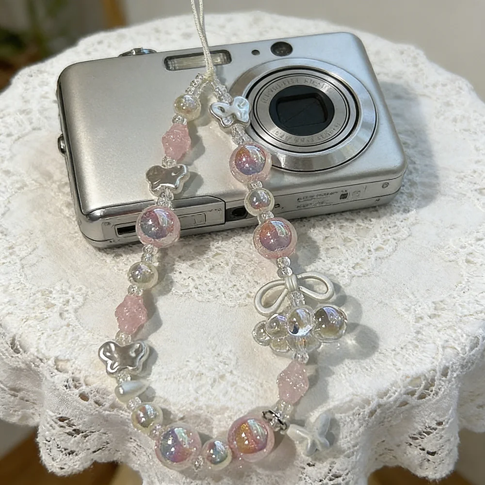Ins Korean Pearl Beaded Phone Charm Y2K Butterfly Ribbon Phone Strap Cute Wristlet Lanyard for iPhone Case Bag Hanging Decor