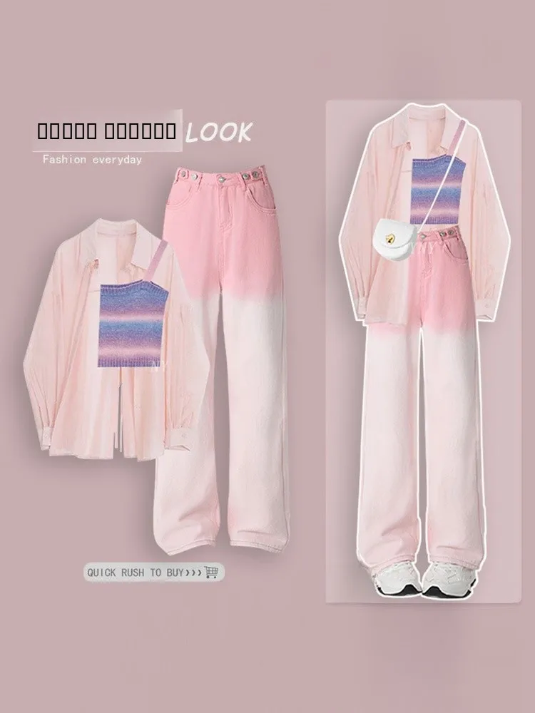 

Sun Protection Long Sve Thin Pink irt Women's 2024 New Faion Anti-Aging Striped Strap Denim Jeans adient Color Polye...