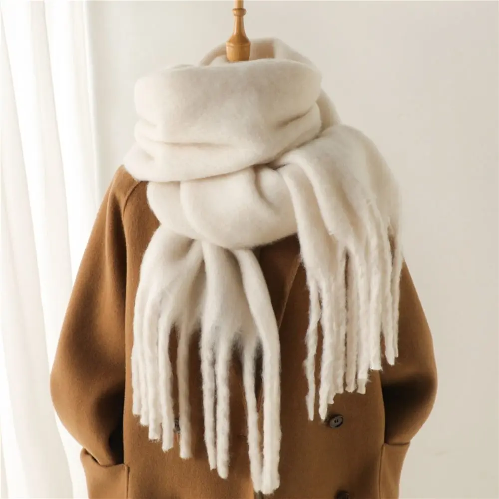 New Mohair Women Scarf Female Winter Warm Thickened Solid Color Long Scarves Soft Coarse Braid Tassel Shawl Viscose Wrap Shawls