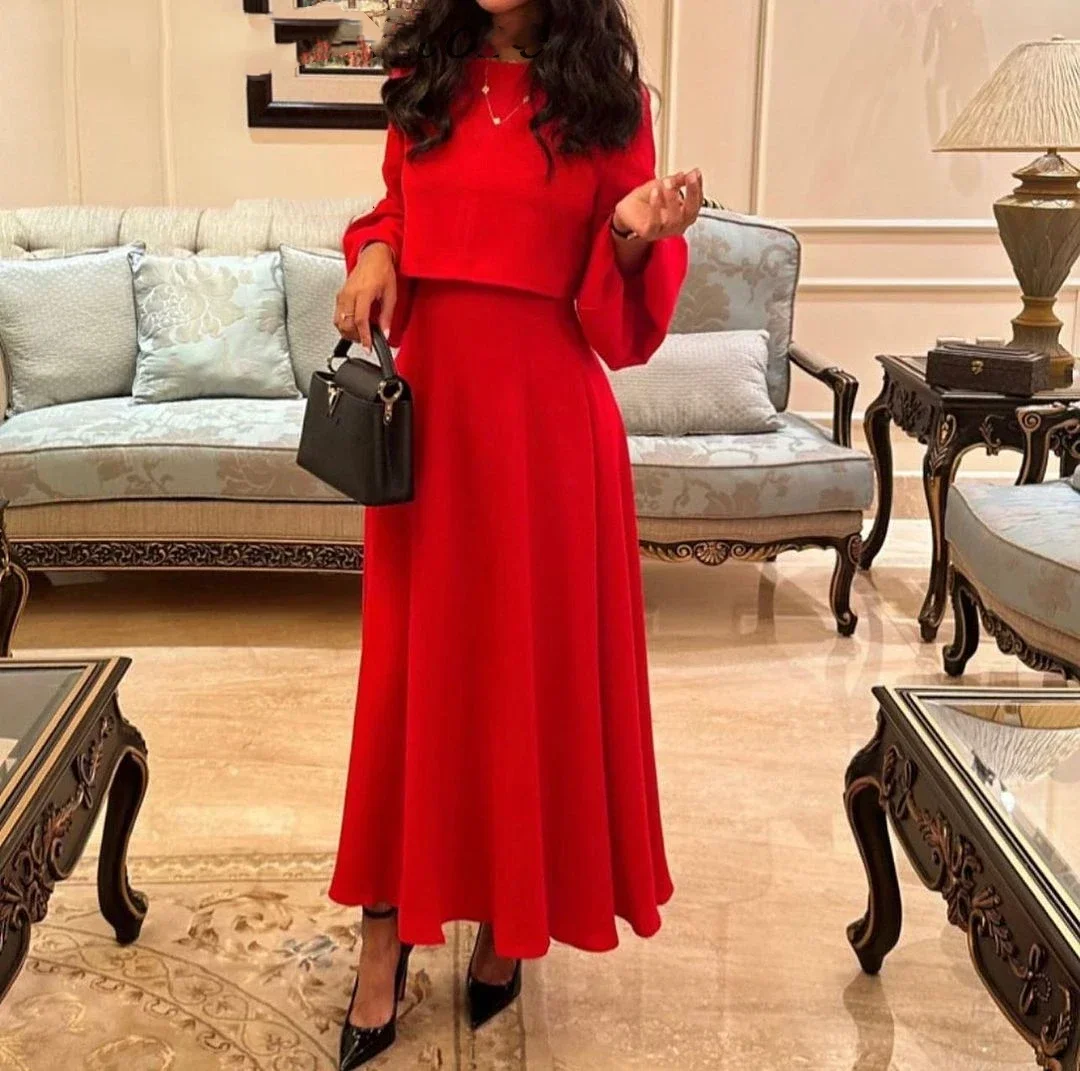 

فستان حفلات الزفاف Two Pieces Red Prom Dresses O-Neck Long Sleeves Evening Gowns Ankle Length Formal Occasion Party Dresses