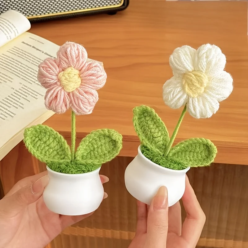 Mini-Topfpflanzen, Büro-Schreibtisch-Dekorationen, Handgewebte Simulierte Wollblumen