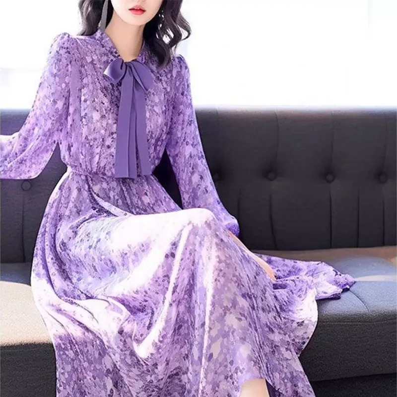 2026 new Summer women's chiffon dress high-end bow floral long sleeve fashion Female dresses Elegant Luxury Party Vestidos Y2K