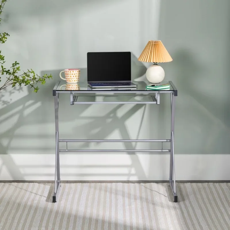 

Glass Top Computer Desk with Pull-Out Keyboard Tray, Silver