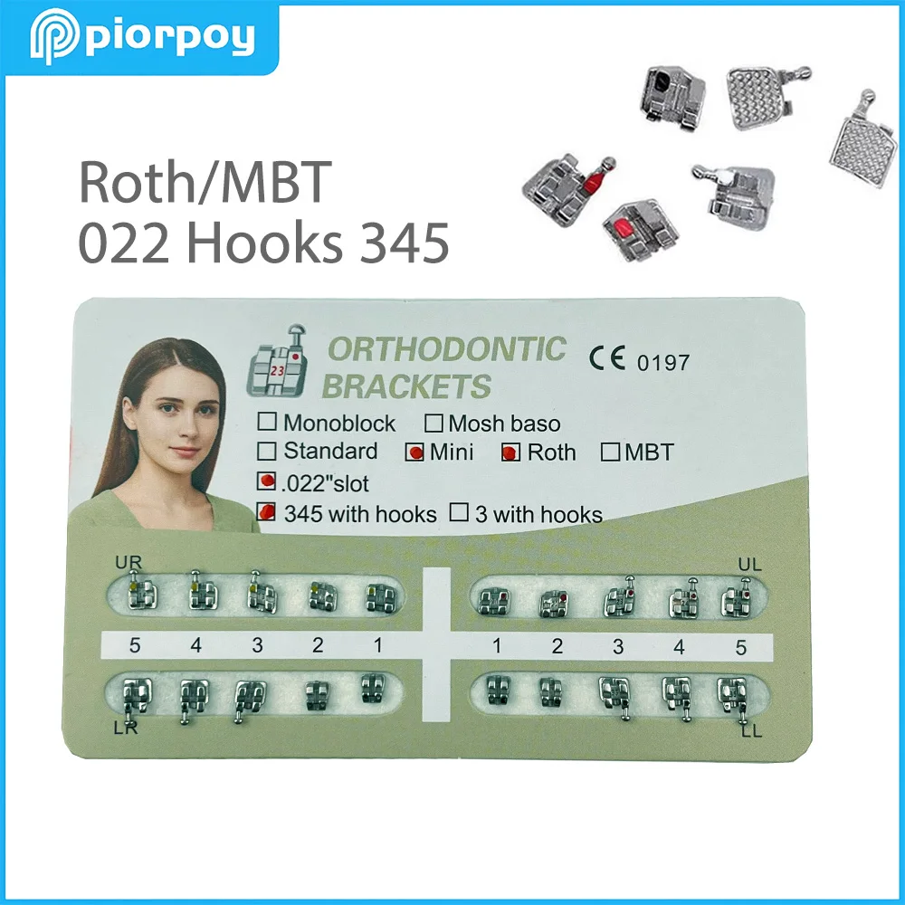 PIORPOY Paquete de 20 Brackets Dentales de Ortodoncia, Mini Monoblock Roth/MBT 022, Ranura 345, Gancho, Accesorios de Odontología, Nuevo
