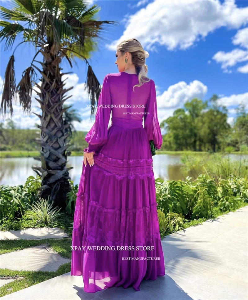 XPAY Elegant A-Line Prom Dresses V-Neck Long Sleeves Floor-Length  Dubai Arabic Women Formal Evening Gowns Cocktail Party Dress