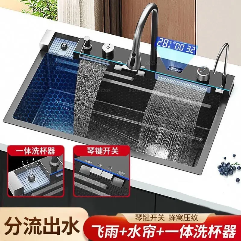 Extra thick 6mm digital display sink 304 nm stainless steel household kitchen washing vegetables Feiyu waterfall single