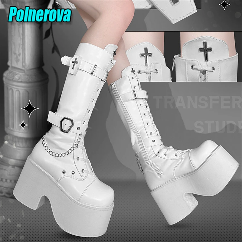 

Готические высокие сапоги на платформе, белые и черные, с перекрестной шнуровкой, пряжкой и толстой подошвой, в стиле рыцарских сапог, Y2K, для косплея, женская обувь