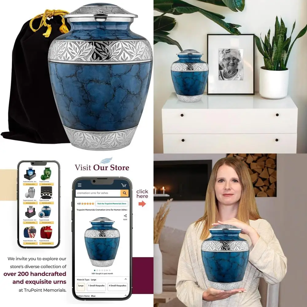 

Cremation Urns for Human Ashes - Large Dark Blue Decorative Adult Urn with Silver Lining, Suitable for Men and Women, Memorial K