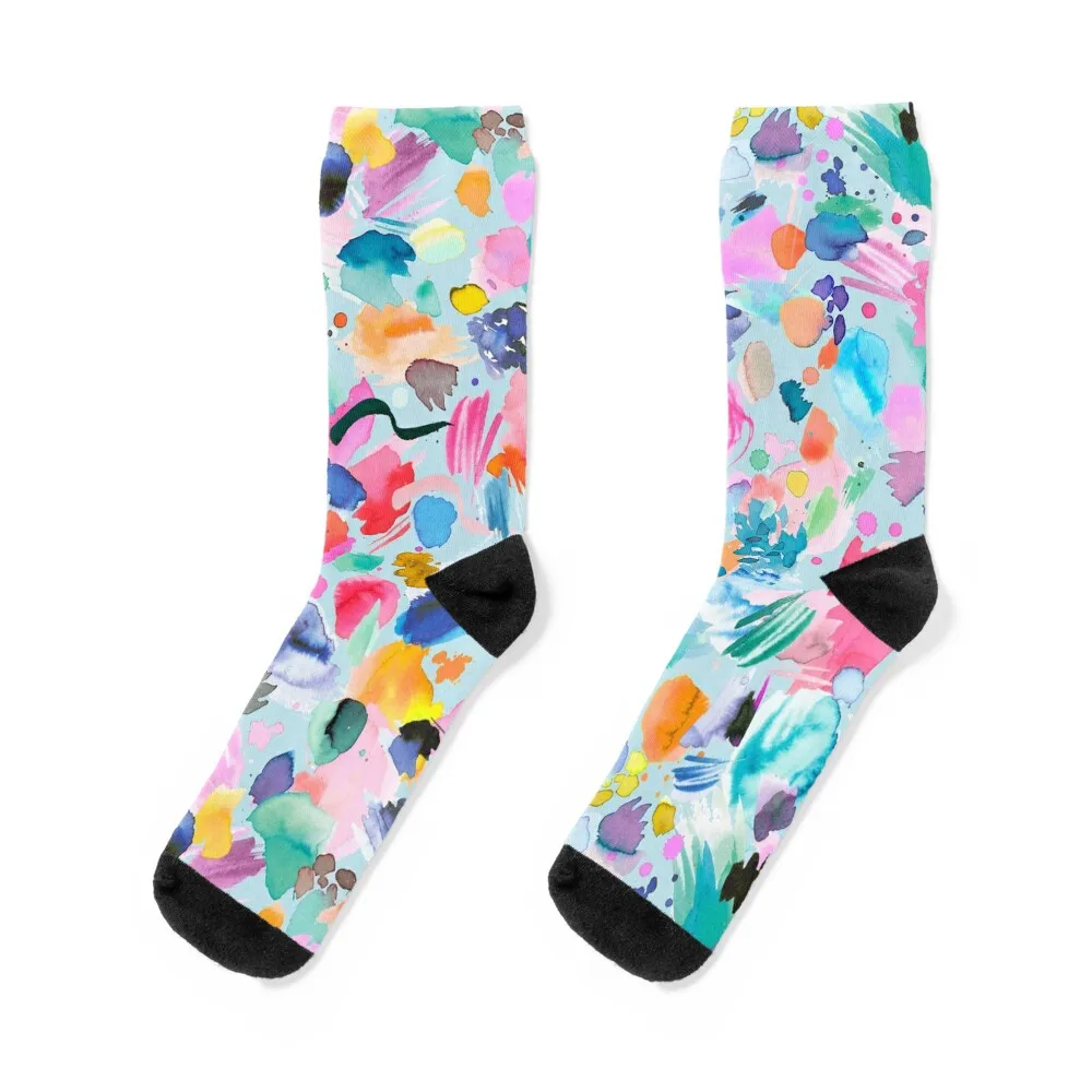 Artist Color Palette - Abstract Watercolor Blots and Scribbles Blue Socks New year's golf Luxury Woman Socks Men's