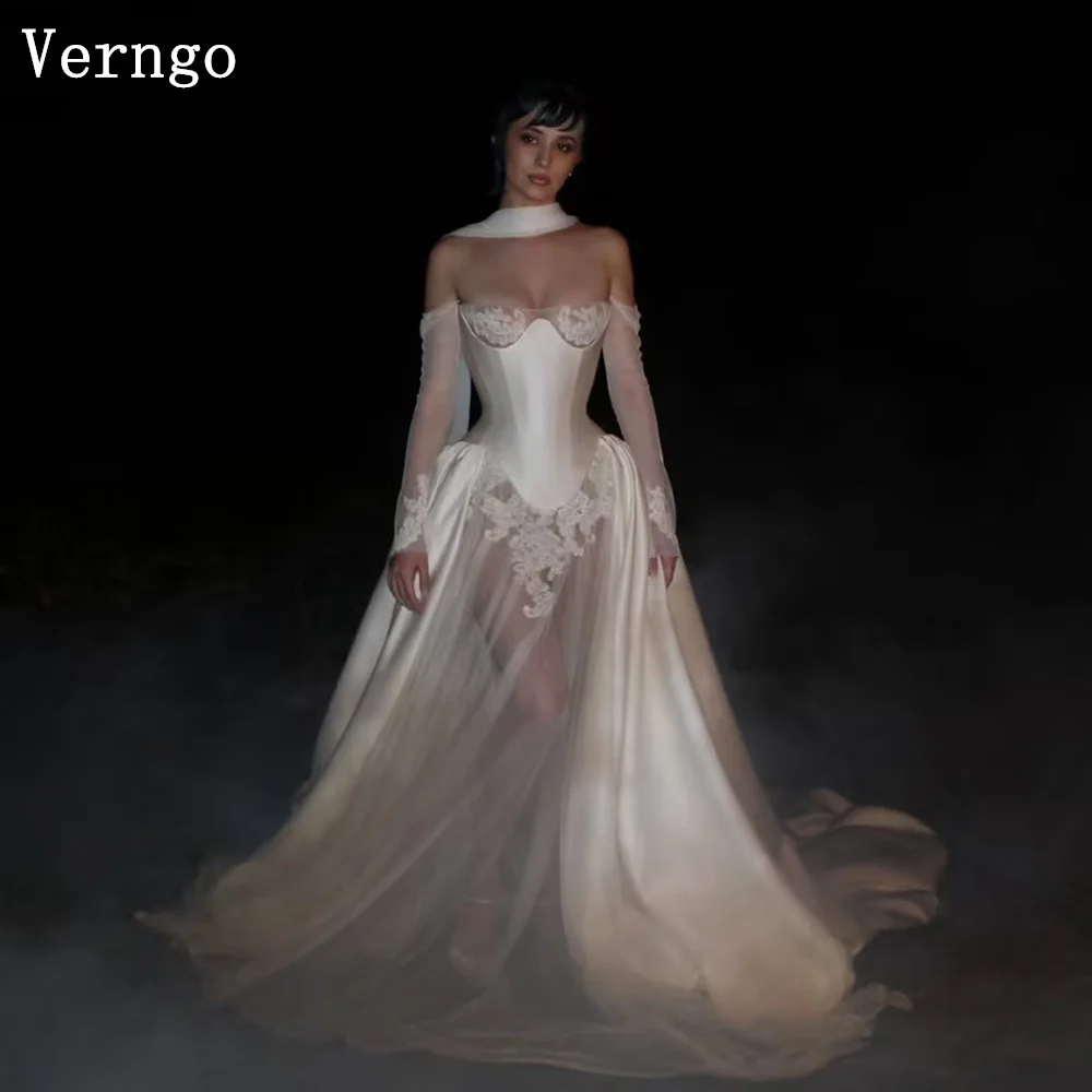 

Verngo Luxury Lace Wedding Dress Off The Shoulder A Line Lace Sleeves A Line Bridal Gowns Appliques Bride Dress люкс пла