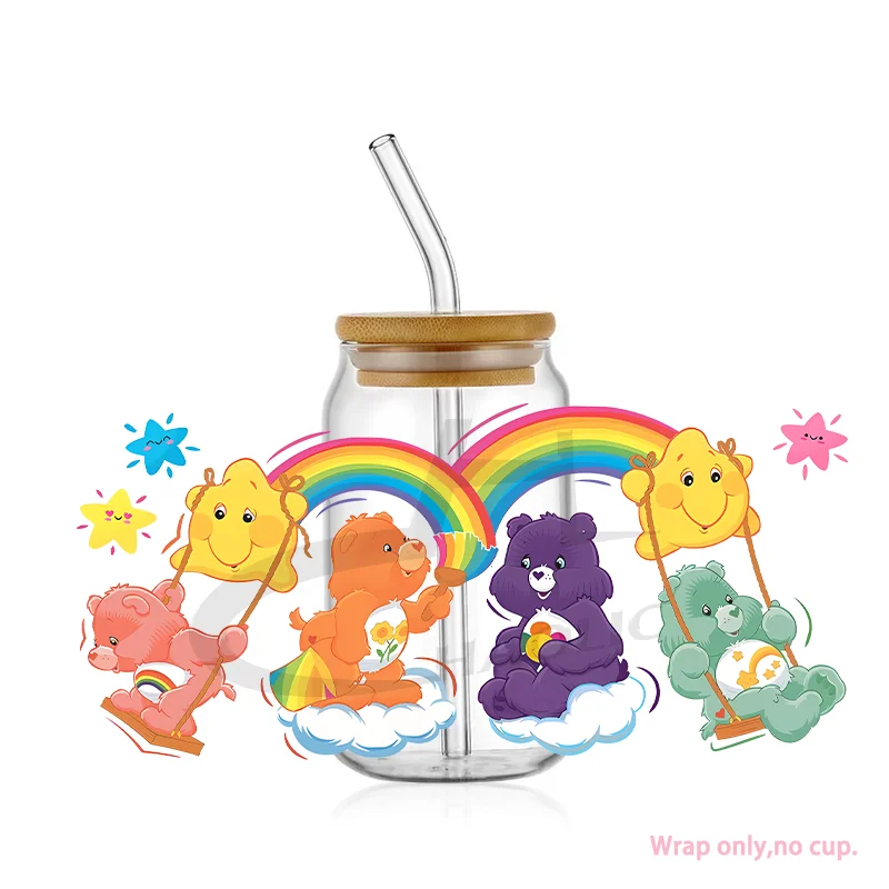 Cute Bear Rainbow UV DTF 16oz Libbey Cup Digital Wrap UVDTF Transfer Adhesive Wrap No Heat Needed Ready to Ship Cup Not Included