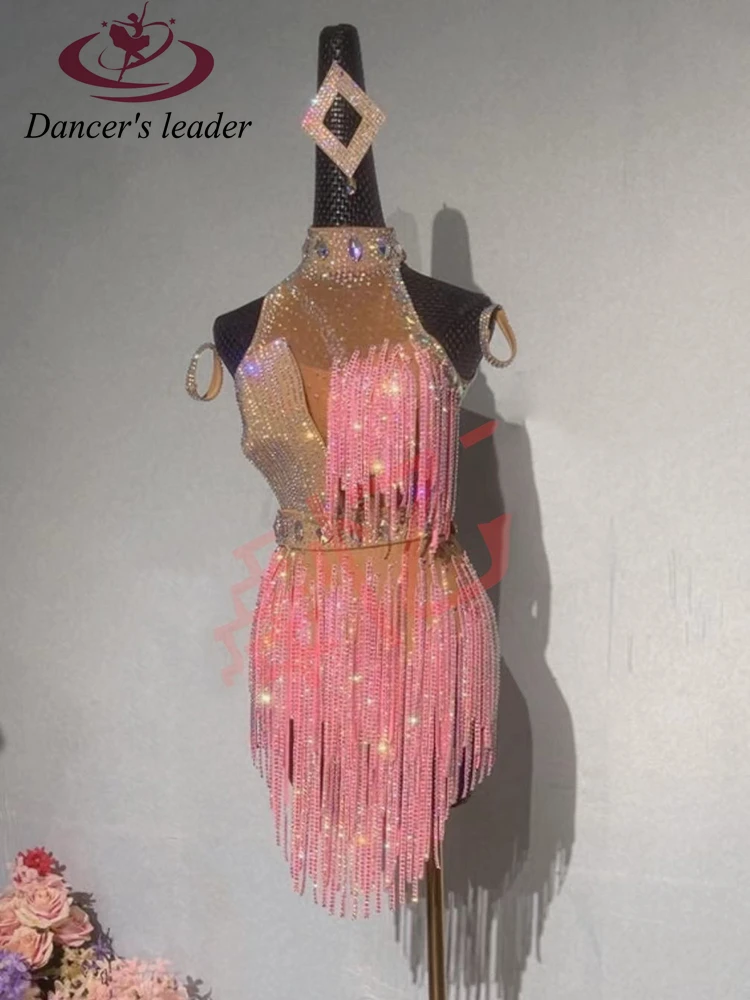Latin Dance High-end Custom New Full Diamond High-end Competition Clothing Pink Cha Cha Tango Women Professional Dress