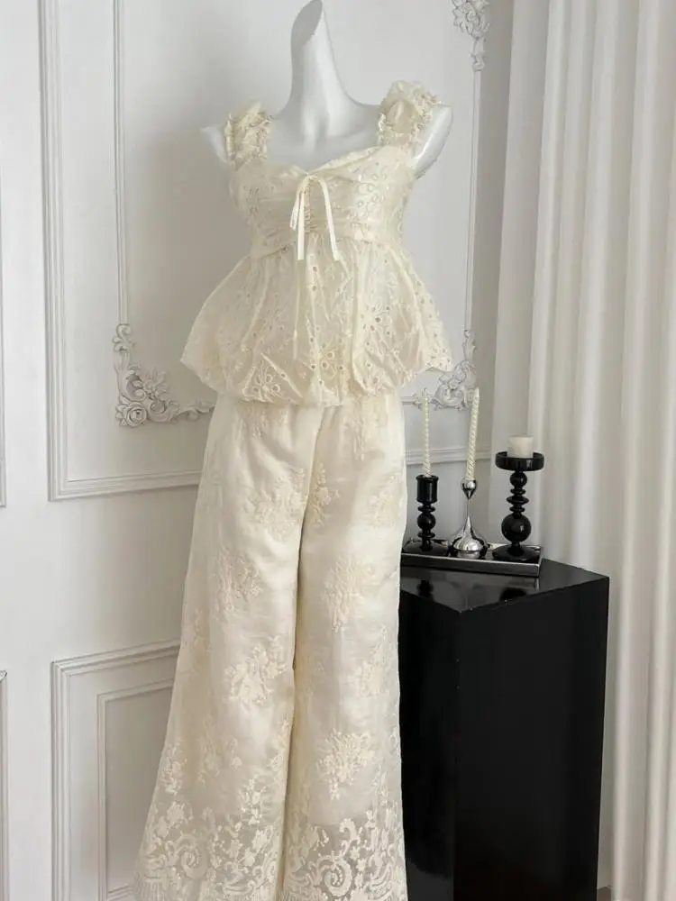 

Summer Women Two Piece Set Beige V Neck Backless Hollow Out Short Vest Tops + High Waist Embroidered Wide Leg Trouser Casual New