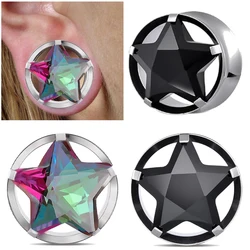1PC Stainless Steel Colorful&Black Pentagram Cz Hollow Double Flar Earrings Expanson Stretchered Ear Gauge Plug piercing jewelry