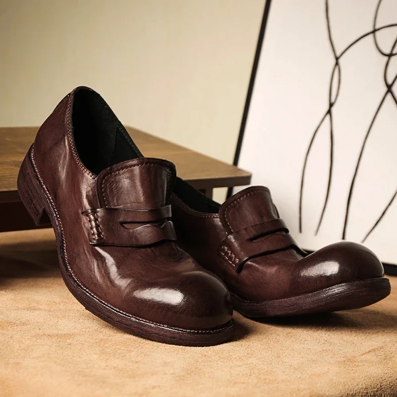 Horsehide Goodyear-Leather Sole Large Head Cover Foot Casual Leather Men Shoes Thick Soled  Loafers