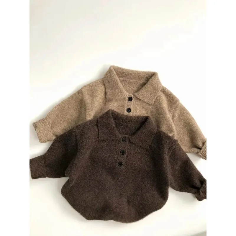 

1-6YEARS Winter Boys Clothes Kids Knit Turn Down Collar Sweater Tops Warm Autumn Childrens Trendy Solid Pullover Girls Outwear