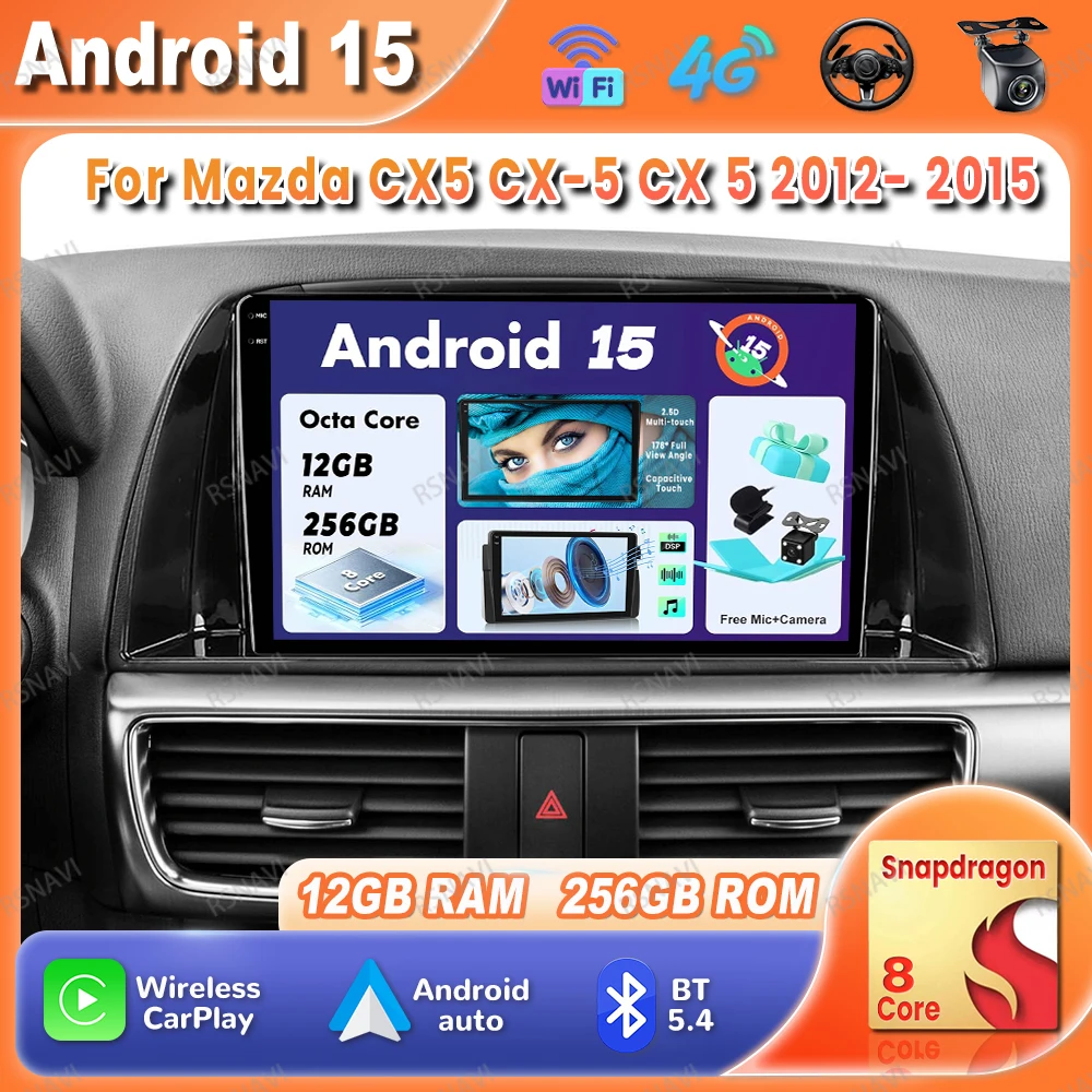 Car Radio Android 15 For Mazda CX5 CX-5 CX 5 2012- 2015 Multimedia 5G WIFI Stereo QLED Navigation DSP DVD 4G LTE Qualcomm BT GPS