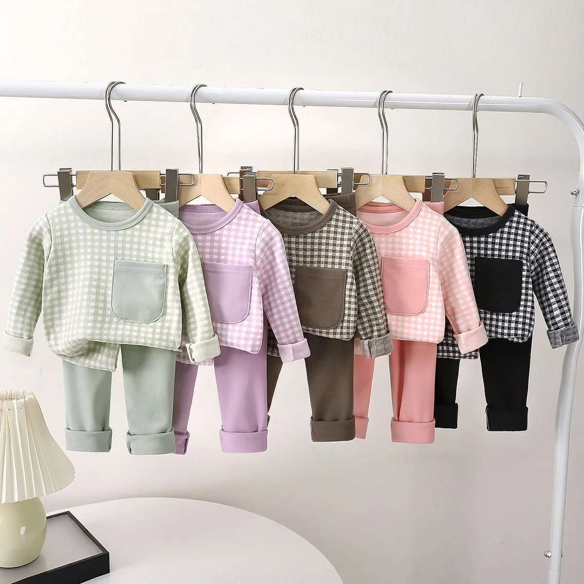 Children Plaid Underwear Set Boy Girl Autumn Fleece Pajamas Long Sleeve Homewear Sleepwear Elastic Soft Thermal Pants Loungewear