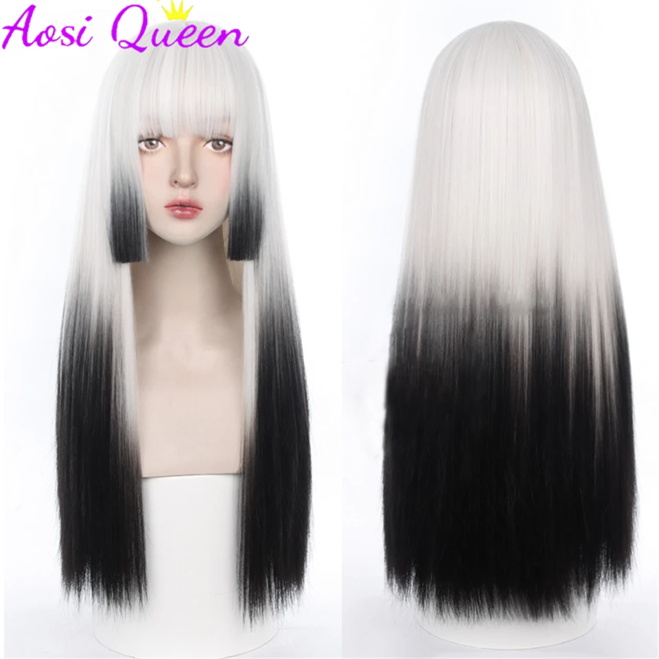 25 Inches Black And White Gradient Long Straight Hair With Bangs Synthetic Lolita Gothic Style Princess Cut Wig Party Daily Wig