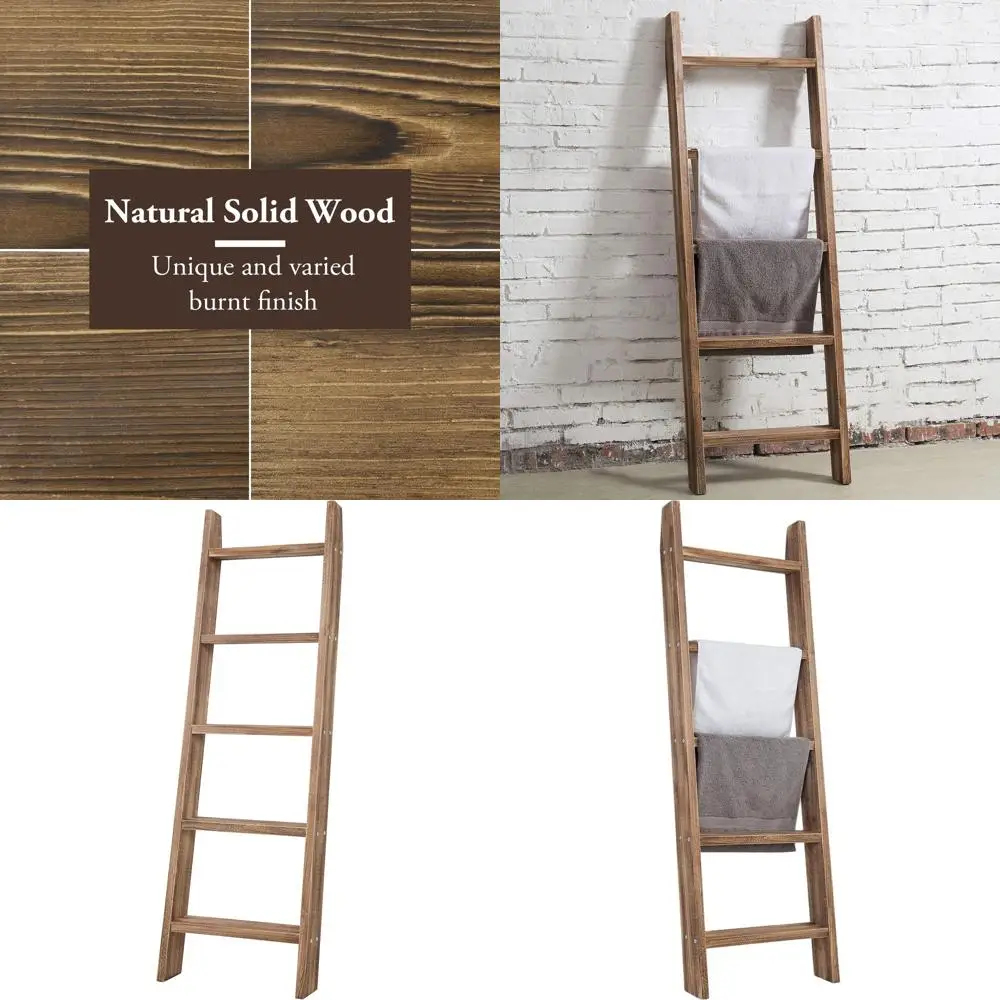 

5-Tier Rustic Natural Wood Leaning Blanket Ladder, Decorative Shelving for Living Room and Bedroom, Quilt and Throw Organizer