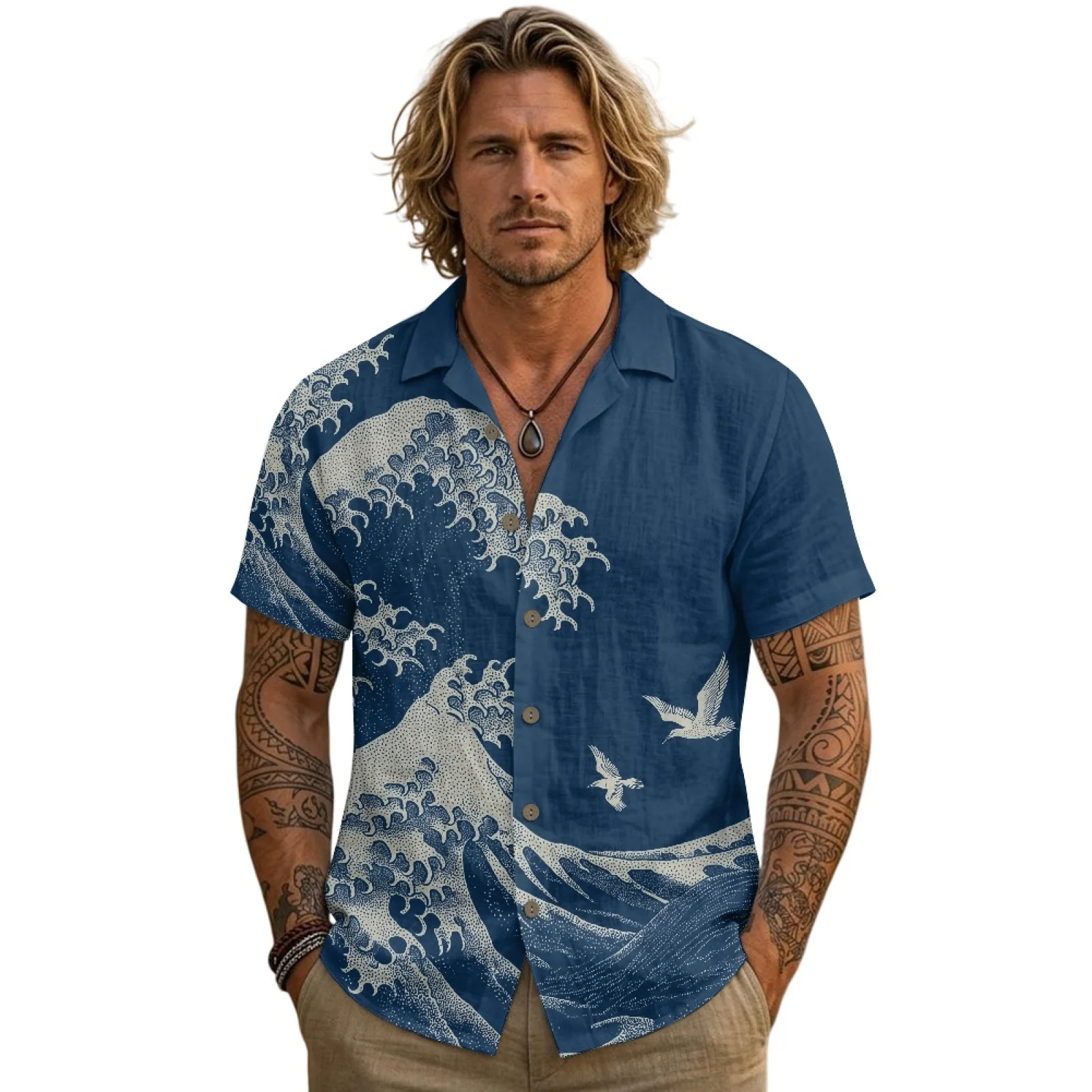 PENSTROLL Blue Wave Bird Linen Style Mens Hawaiian Shirt for Vacation Solid Color Men's T Shirt Short Sleeve Tee Shirt