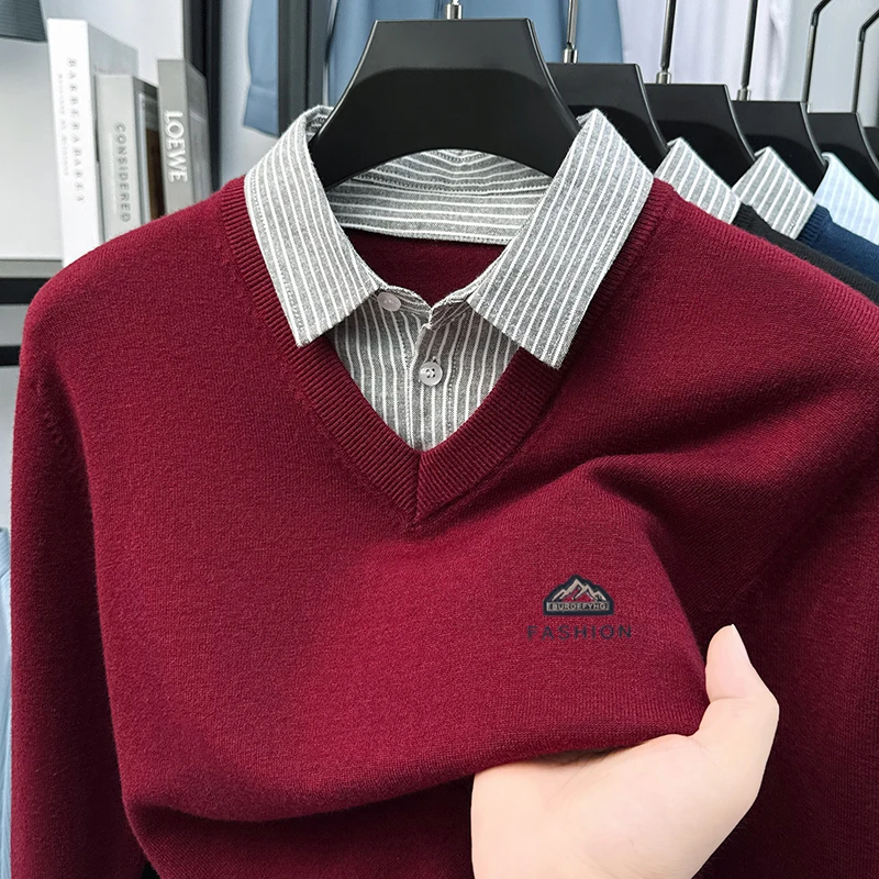 Maglione stampato in due pezzi finto da uomo Camicia base con colletto stile primavera e autunno 2025 Nuovo maglione lavorato a maglia in lana di pecora