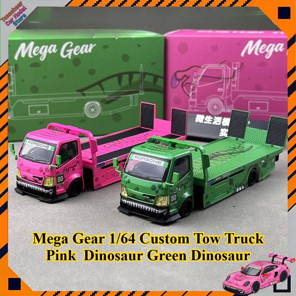 nuovo-mega-gear-1-64-camion-da-traino-personalizzato-con-finitura-dinosauro-rosa-verde-rimorchio-a-pianale-modellino-in-lega-pressofusa-collezione-regalo-giocattolo
