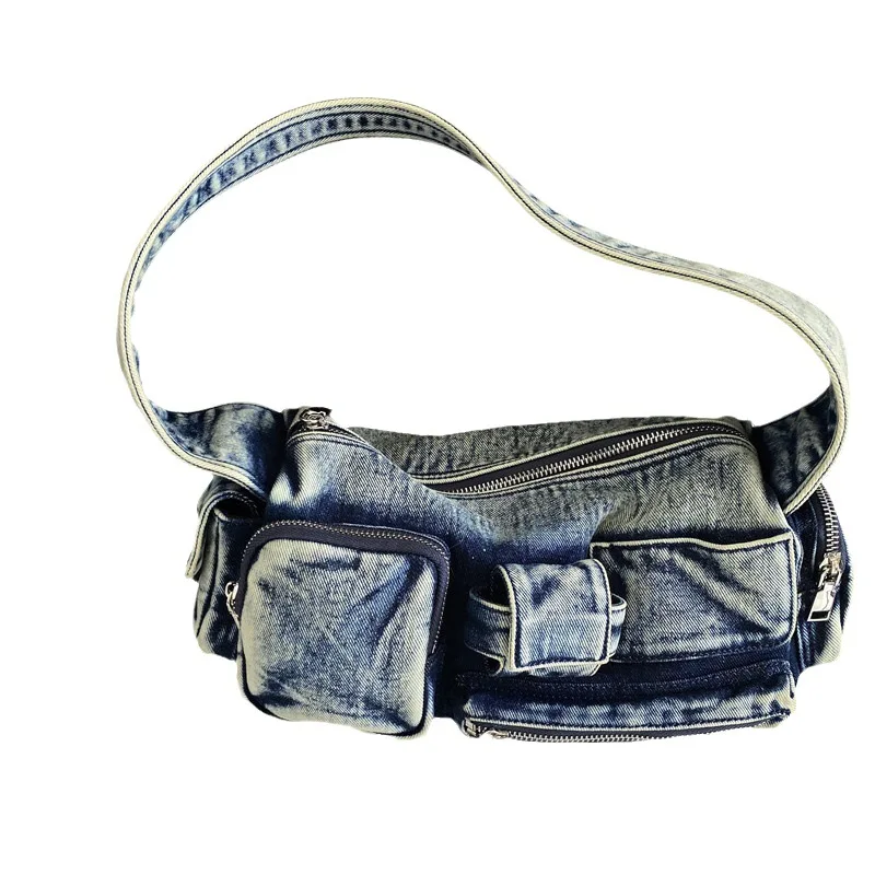 Women Denim Crossbody Bag Casual Large Capacity Shoulder Bag Vintage Solid Color Messenger Bag Multi-Pockets Zipper Commute Bag