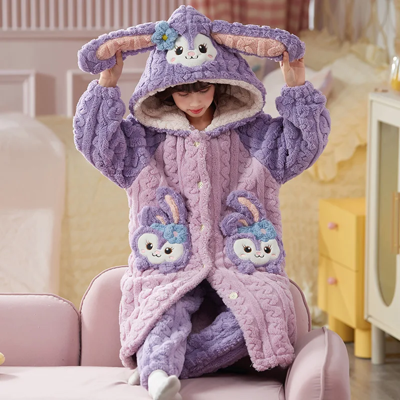 

2 шт., зимние Stellalou, новые бархатные плюшевые пижамы для родителей и детей, халат, брюки, фланелевые длинные стильные теплые домашние одежды с капюшоном для девочек в стиле аниме, подарок