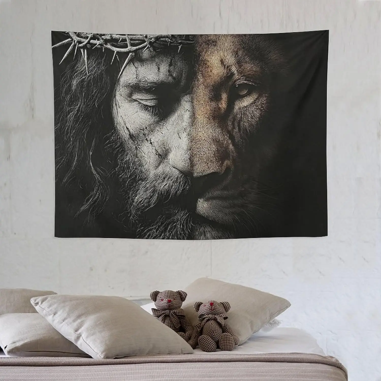 Jesus Lion Of Judah Tapestry, Half Face Thorn Crown Religious Faith Vintage Grunge Portrait Art Wall Cloth For Bedroom Decor