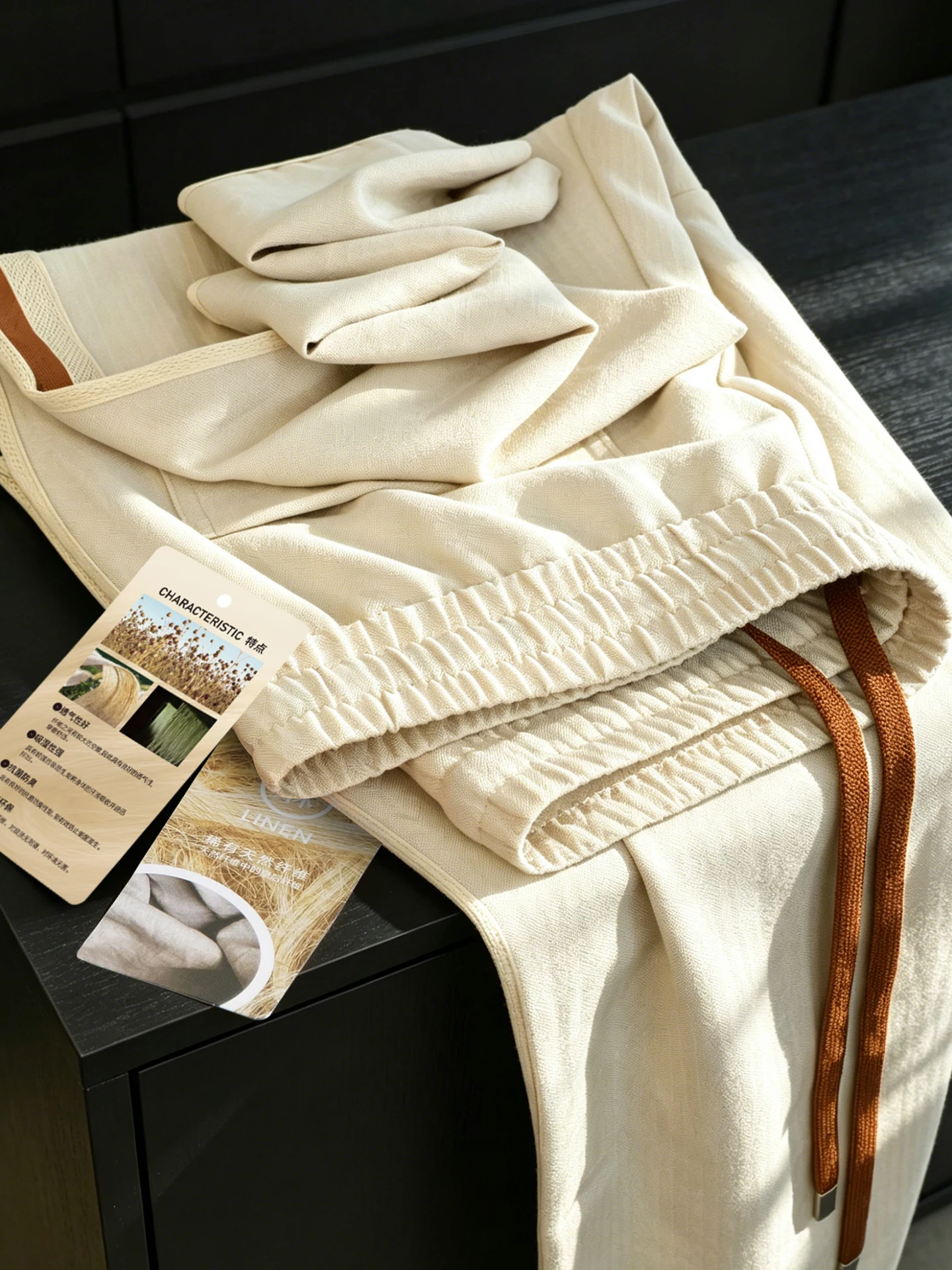 Lightweight Breathable Linen Men's Casual Pants Summer New Style Slim Straight Leg Elastic Waist Side Stripe Weave Belt