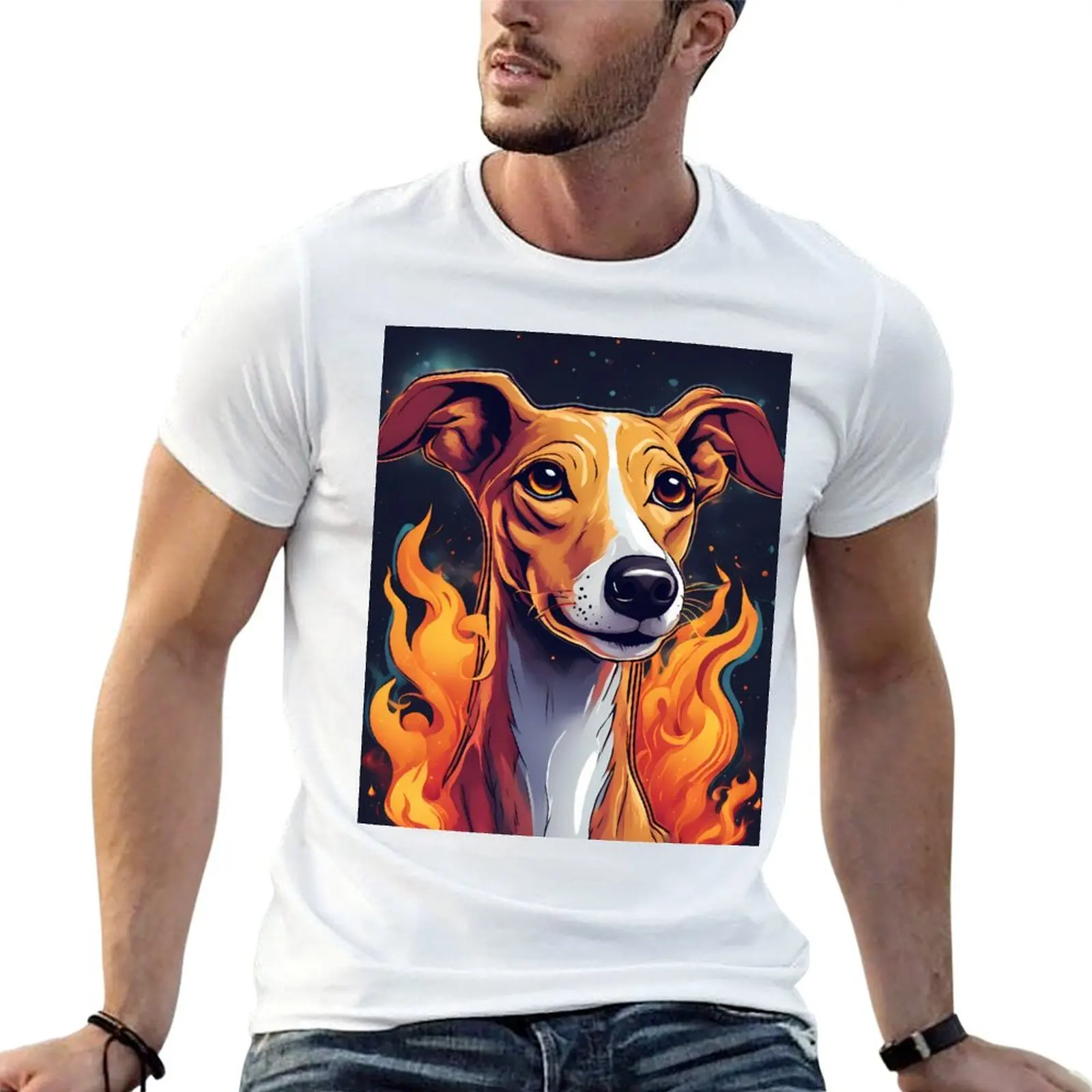 Whippet Dog Portrait: Vivid Flame Aura T-Shirt Simple Trendy Casual T-Shirt