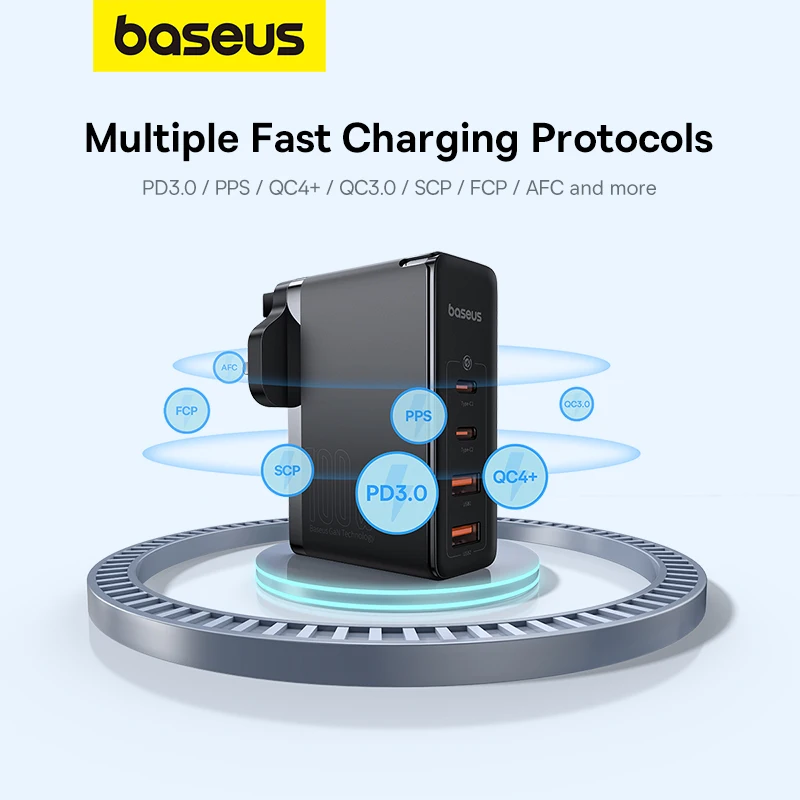 Baseus GaN5 Pro Fast Charger 2C+2U 100W UK Cluster With Mini White Cable