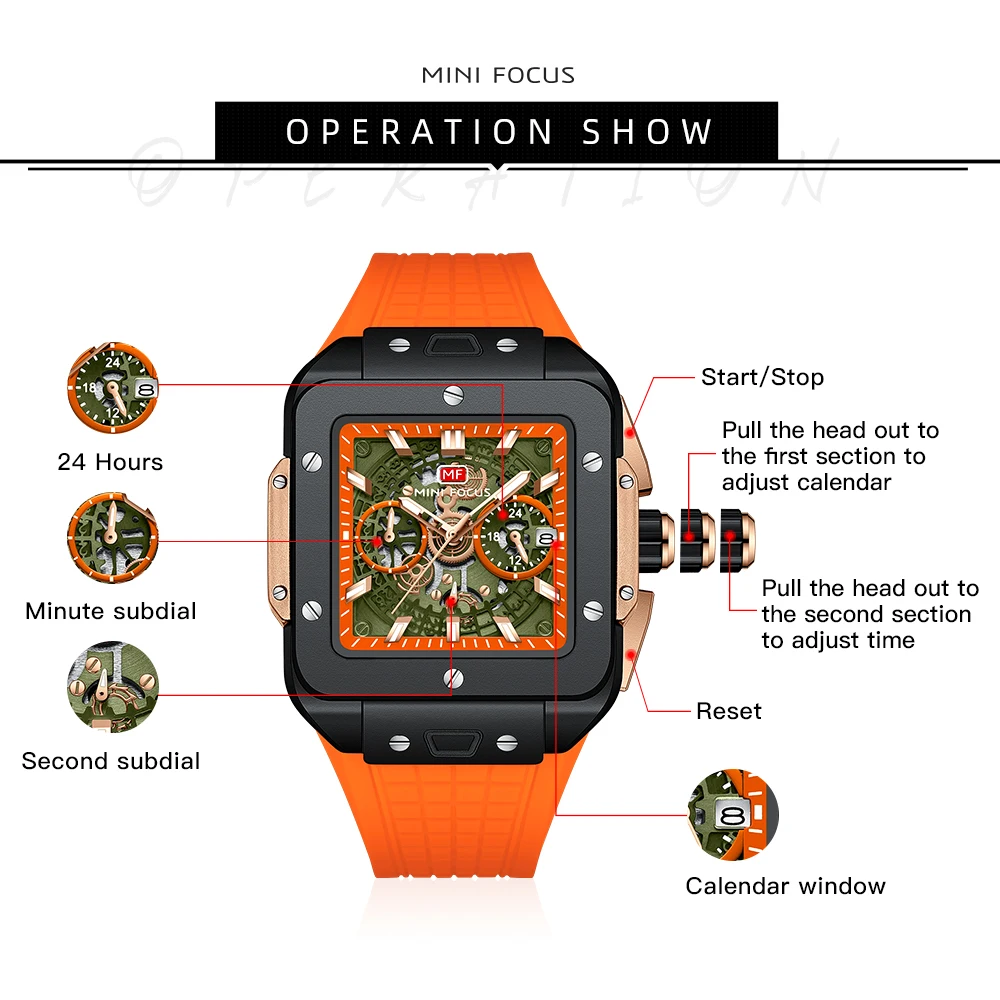 2024 New Square Watch Men Fashion Sport Orange Silicone Type Quartz Wristwatch Leisure Waterproof Chronograph Relogio Masculino