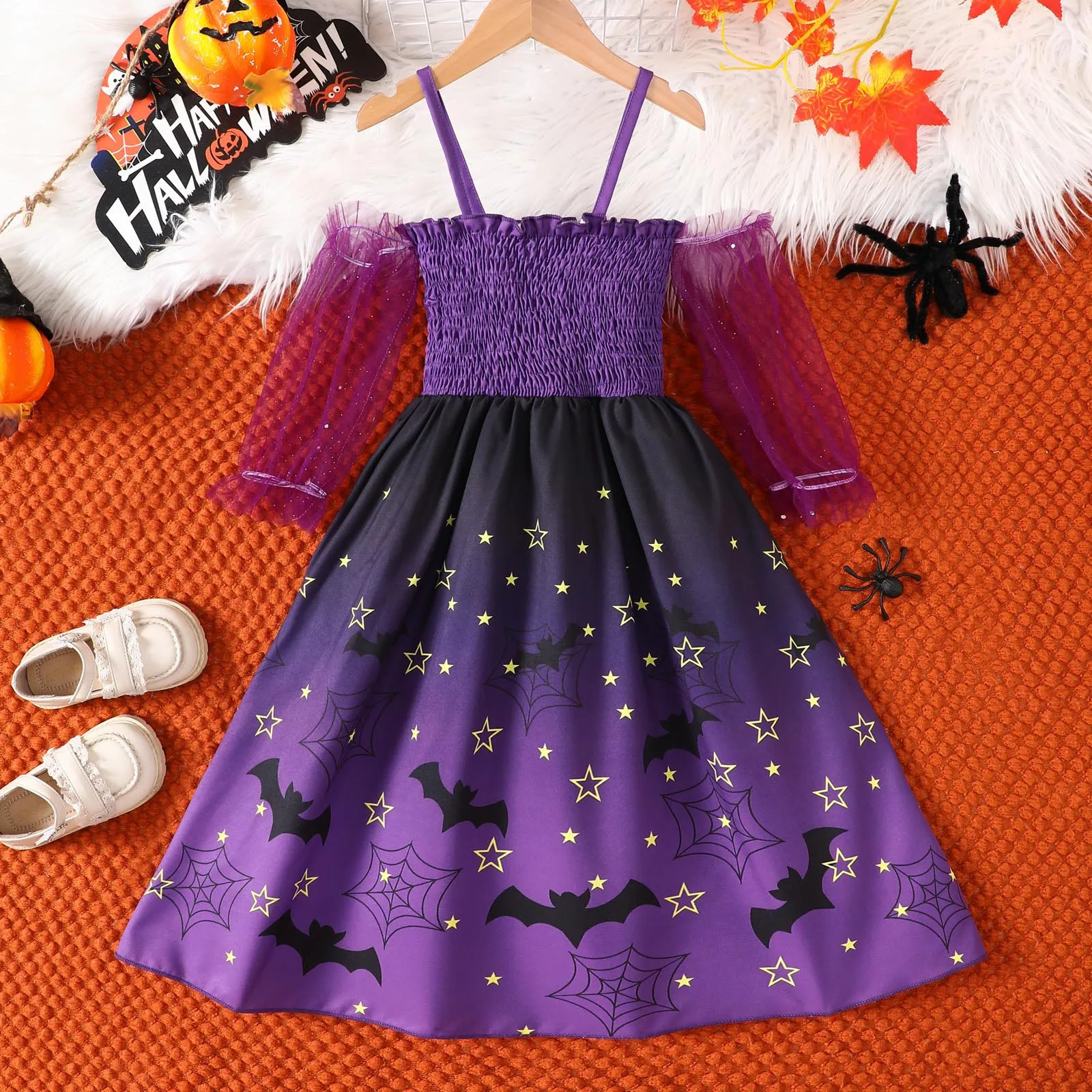 Halloween Baby girls clothes Cute Bat and star print Slip dress Irregular hemline Lace sleeve dresses Kids Girls Suspender Dress image 2