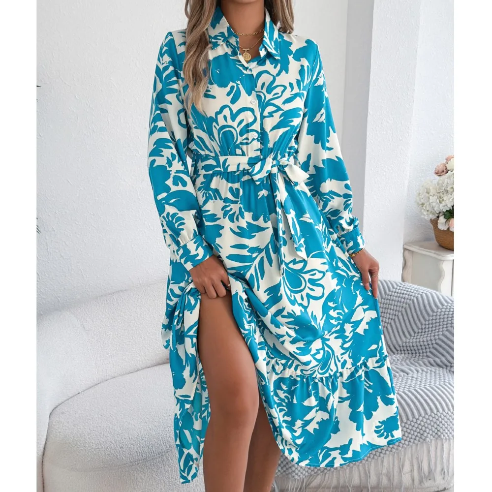 オフィスレディー エレガント レースアップ ラペル シャツワンピース 春夏 2025 カジュアル 花柄 長袖 蓮の葉 ワンピース レディース ドレス