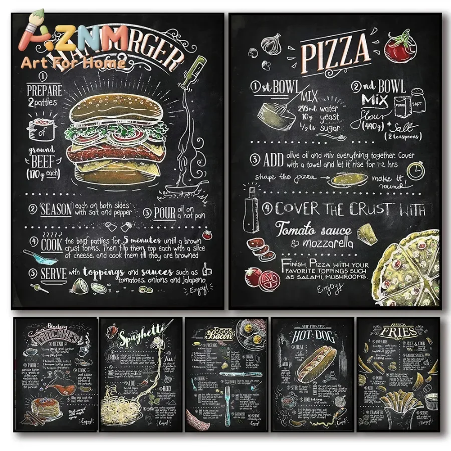 Vintage Hamburg Pizza Hotdog Food Posters Prints Canvas Painting Wall Art French Fries Pasta Menu Kitchen Home Restaurant Decor