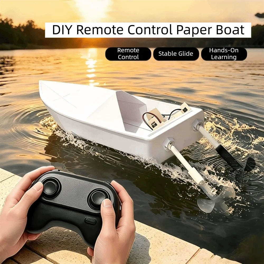 Dual Propulsion RC Paper Boat Modular Assembly Stable Play Remote Control Boat Two-Paddle Motion Handmade Model Paper Boat Toy
