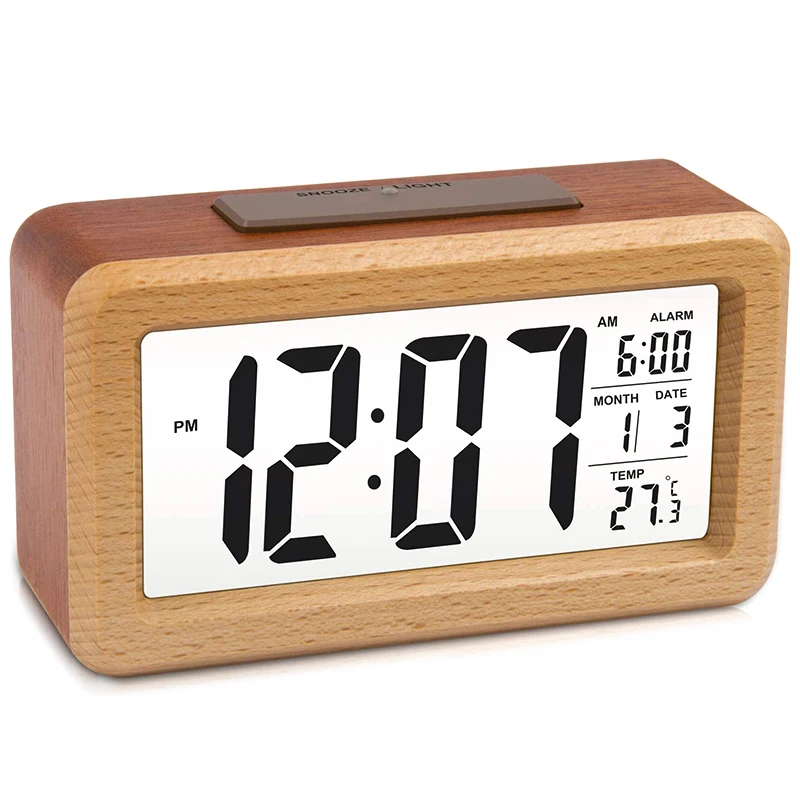 New Wooden Large LED Digital Alarm Clock, Smart Sensor Night Light With Snooze, Date, Temperature, 12/24Hr Switchable