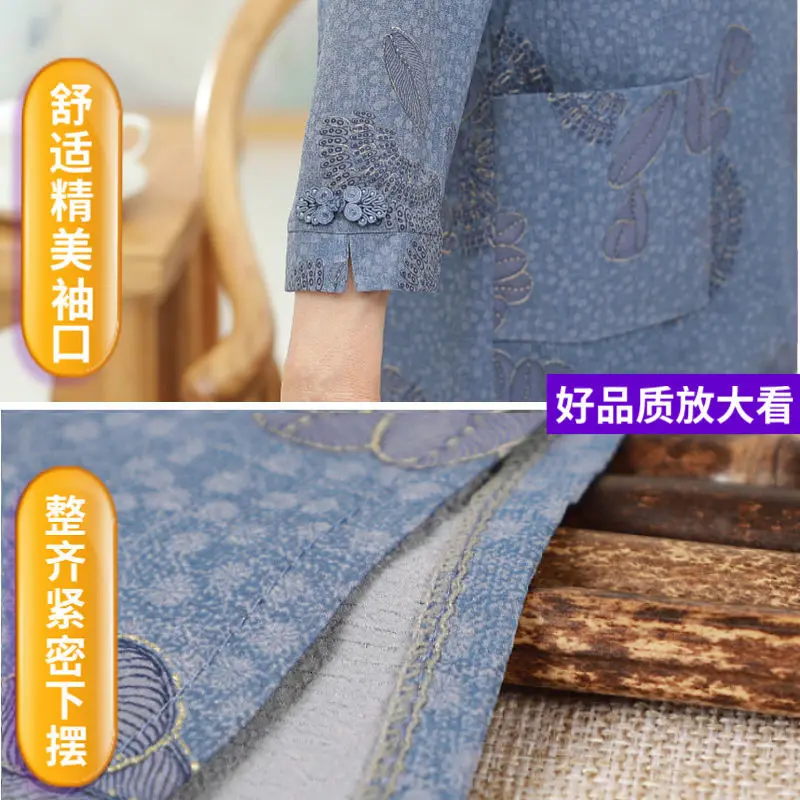 XL-5XL Elderly Women Blouse Spring Autumn Three Quarter Sleeves Print Shirts Casual Female Cardigan Tops Grandmother Blusa W178