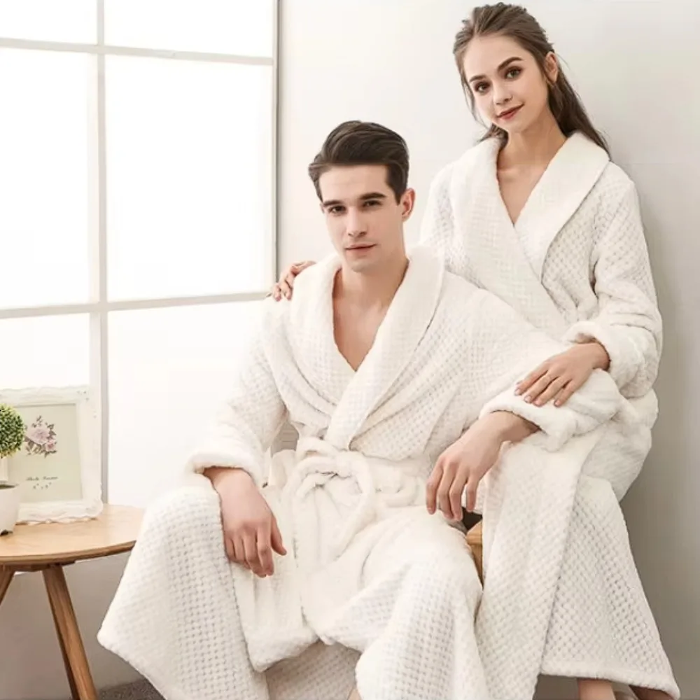

Autumn and Winter New Season Home Plush Soft and Comfortable Couple Pajamas Men's Thick Large Bathrobe Extended White Pajamas