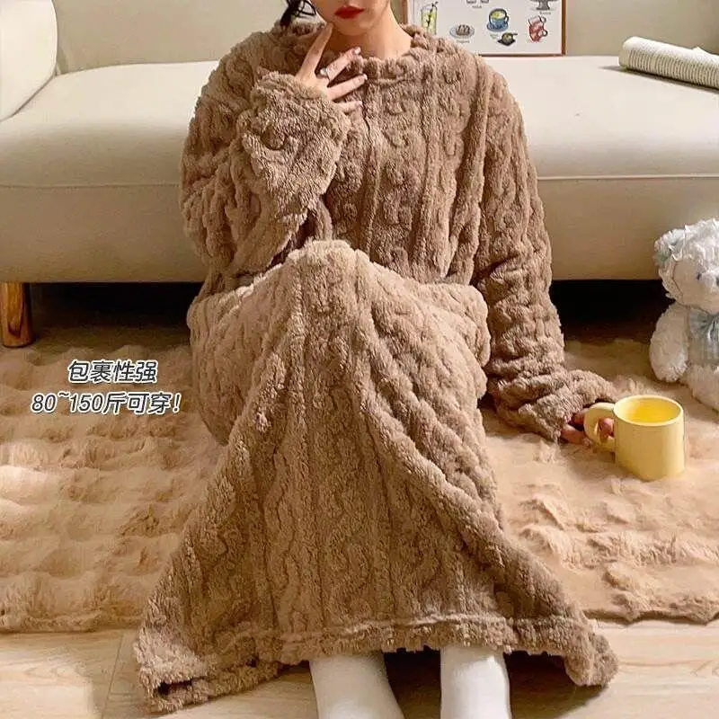 Conjunto de pijama feminino de inverno solto longo com capuz roupão de banho camisola de veludo menina casa robe vestido engrossado quente loungewear