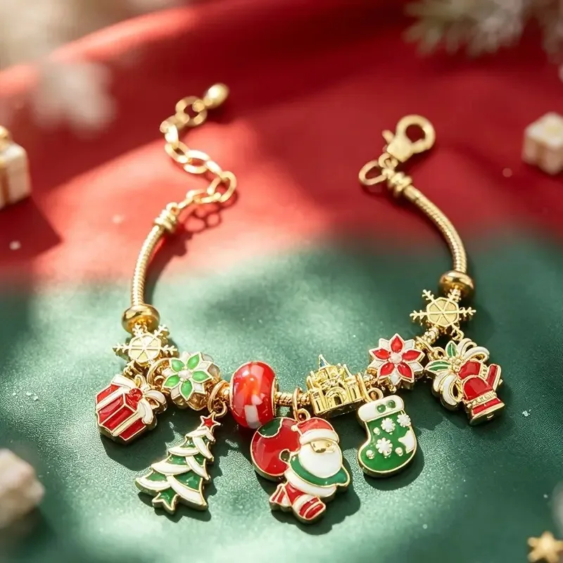 2026 Gold Xmas Snake Chain Beaded Bracelet, Snowflake Castle Sock Bell Adjustable Holiday Bracelet