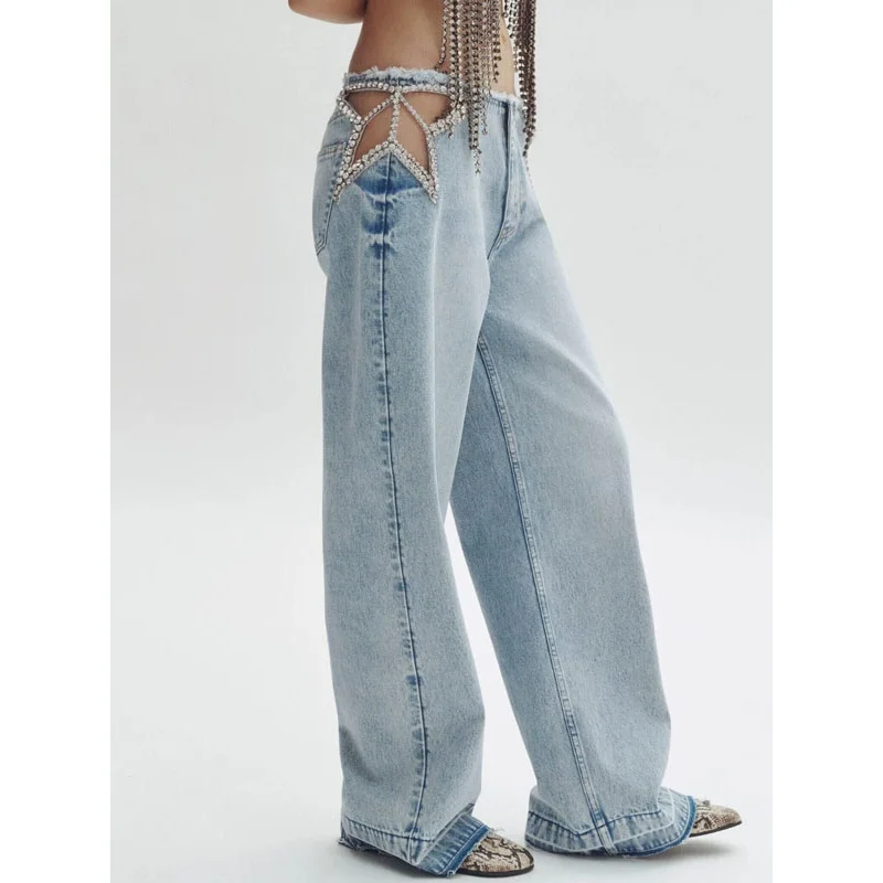 

American Retro Blue Y2K Hollow Out Jeans Women Glitter Diamond Loose Casual Wide Leg Denim Pants 2026 Chic High Street Jeans