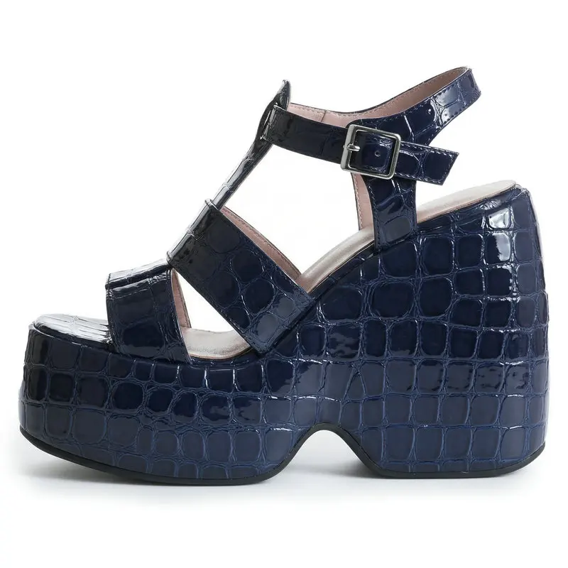 Crocodile PU Leather Navy Blue Green T-strap Open Toe Casual Woman Shoes Summer Platform Wedges High Heels Fisherman Sandals