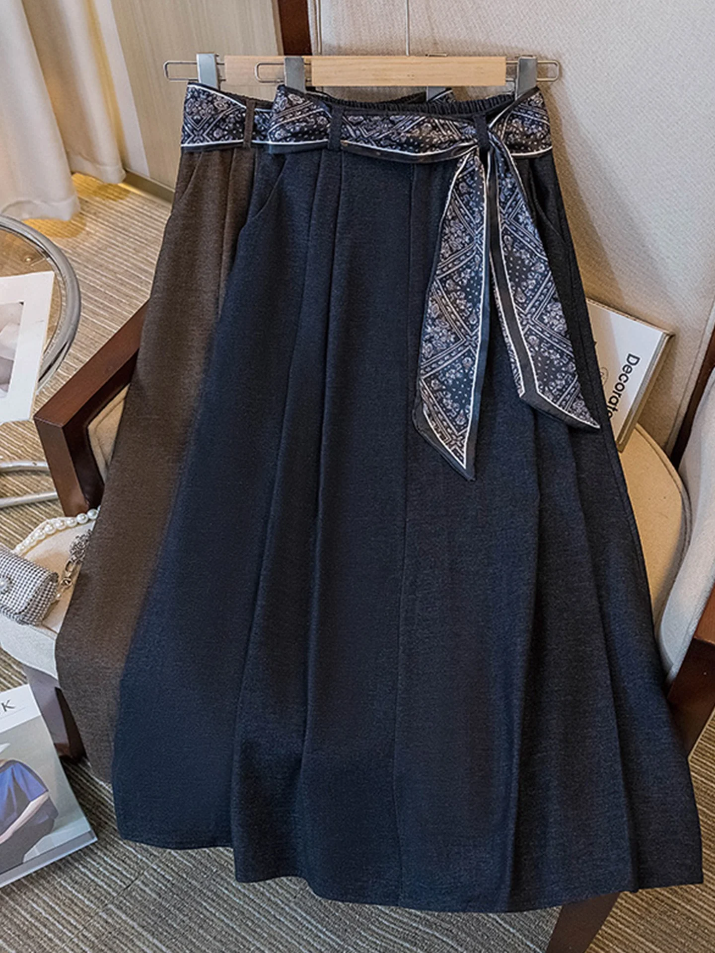 

High Waist A-Line Midi Skirt plus Size Women's Spring New Design Belted Belly Covering Casual Comfortable Breathable Skirt