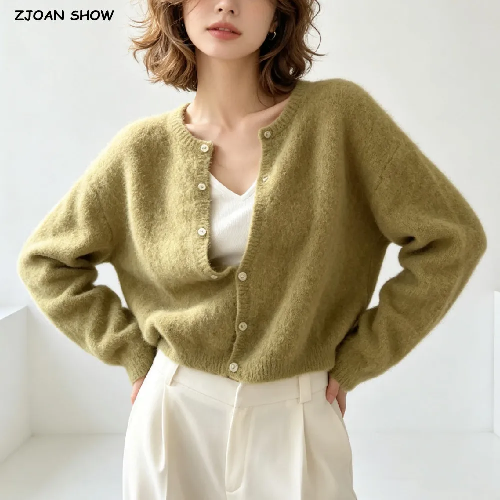 2 colors Women Shaggy Knitted Cardigan Round Collar Single-breasted Buttons Sweater Long Sleeve Knitwear Short Jumper Green Pink
